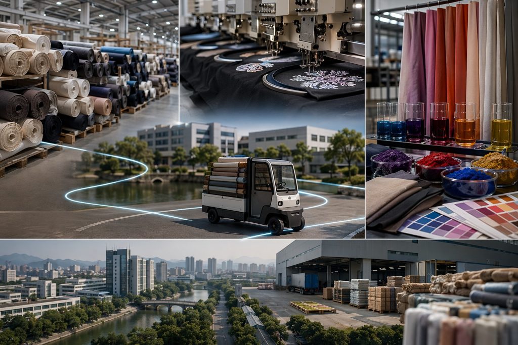 Keqiao textile cluster linking embroidery workshop and local supply chain logistics