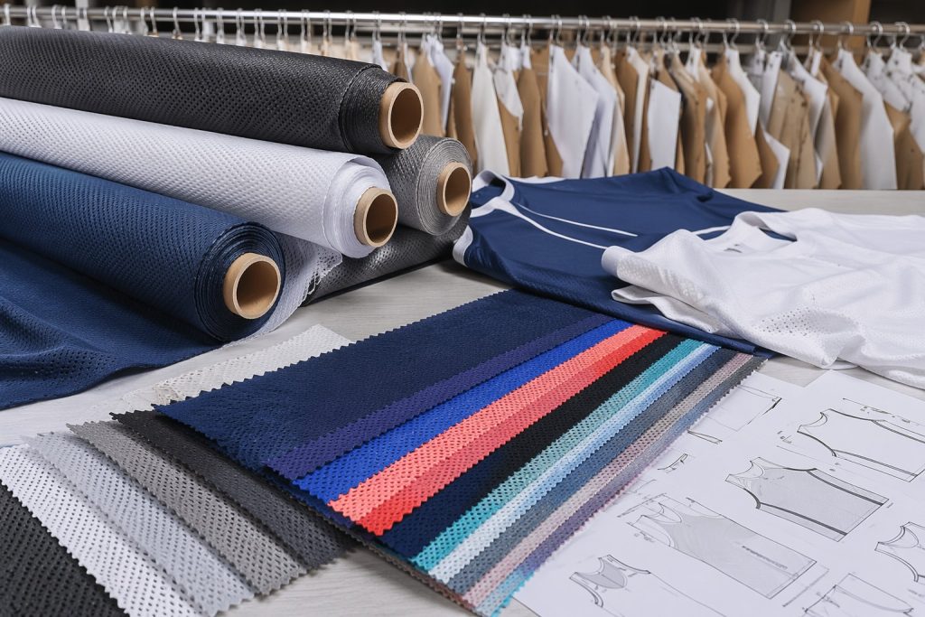 Polyester tricot fabric rolls and stretch samples for sportswear sourcing