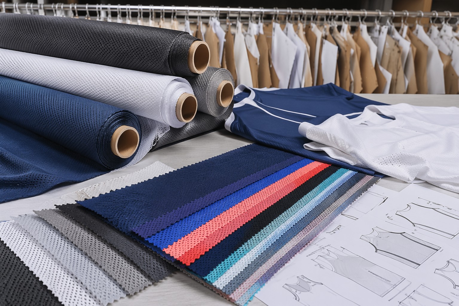 Polyester tricot fabric rolls and stretch samples for sportswear sourcing