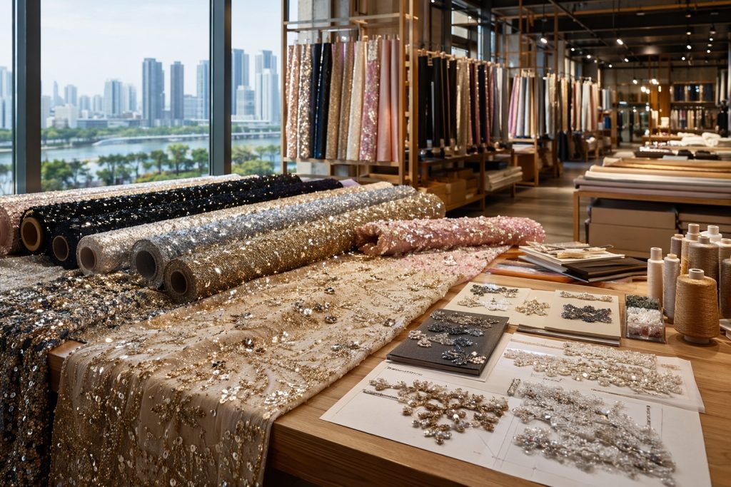 Keqiao textile sourcing hub with sequin fabric rolls and embroidery samples