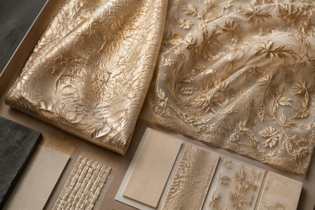 Embossed foil fabric compared with metallic embroidery for B2B material sourcing