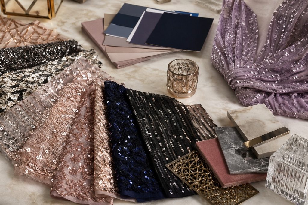 Sequin mesh, stretch sequin and embroidered fabric applications for wholesale buyers