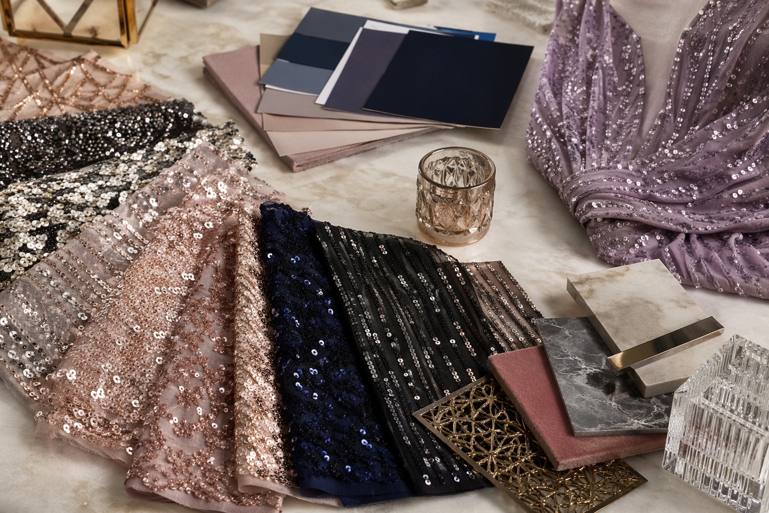 Sequin mesh, stretch sequin and embroidered fabric applications for wholesale buyers