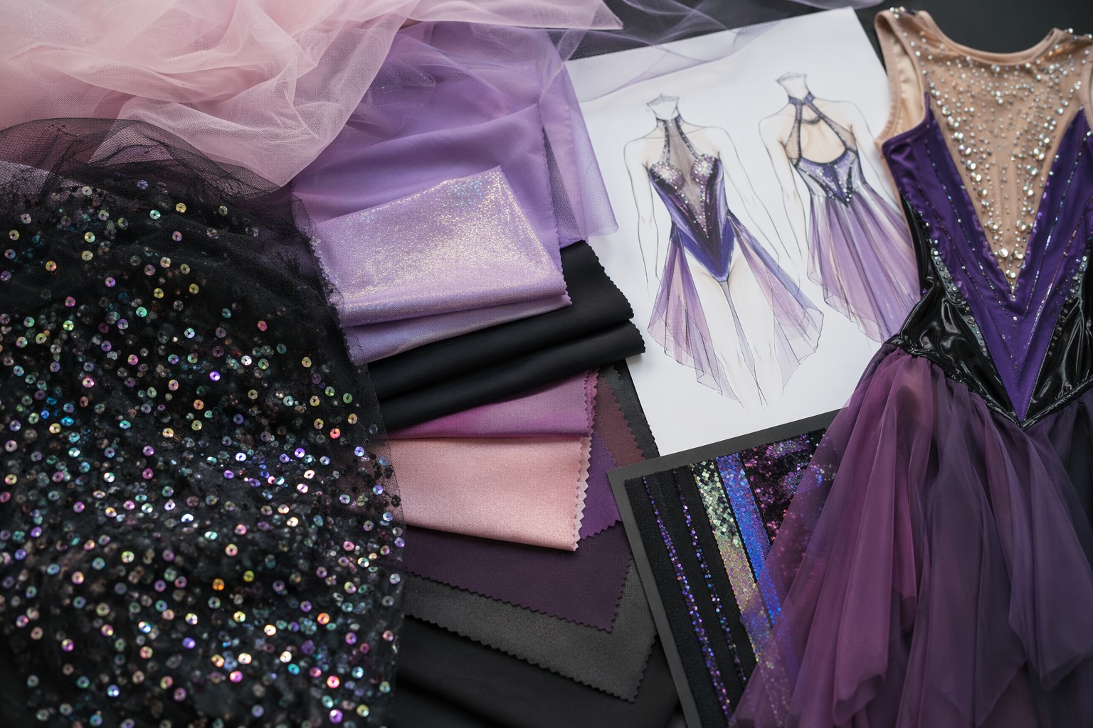 Stretch sequin mesh and tulle samples for dance costume fabric sourcing