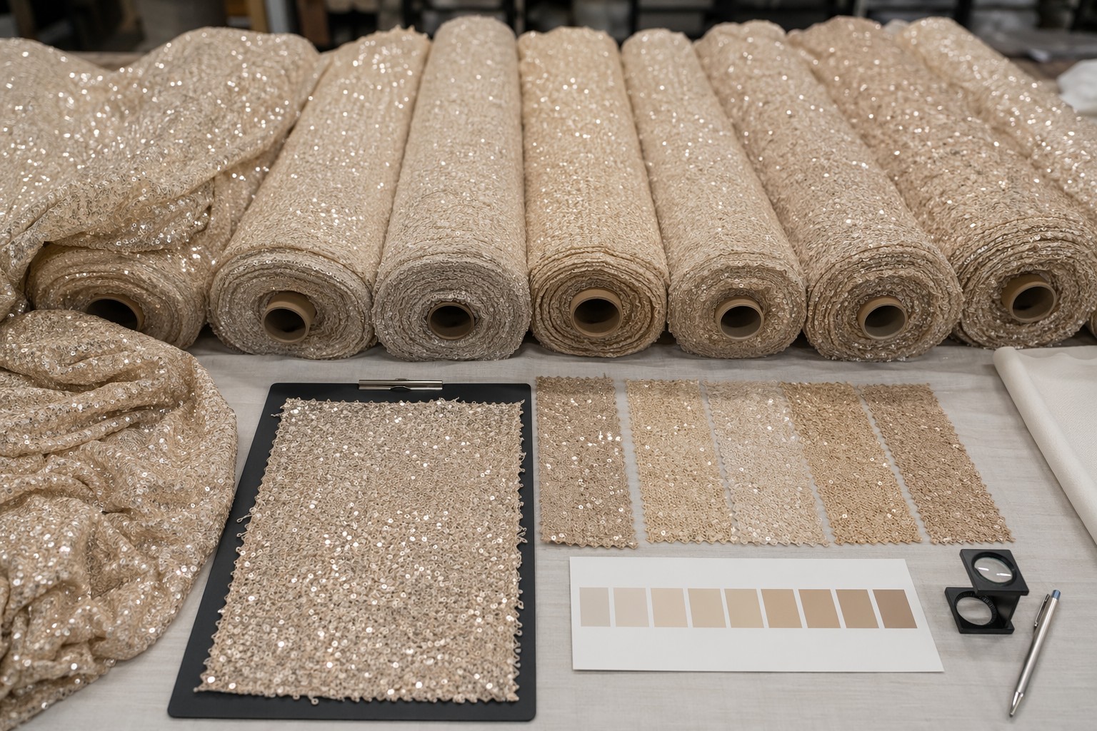 Approved sequin fabric swatch matched with bulk rolls for color consistency