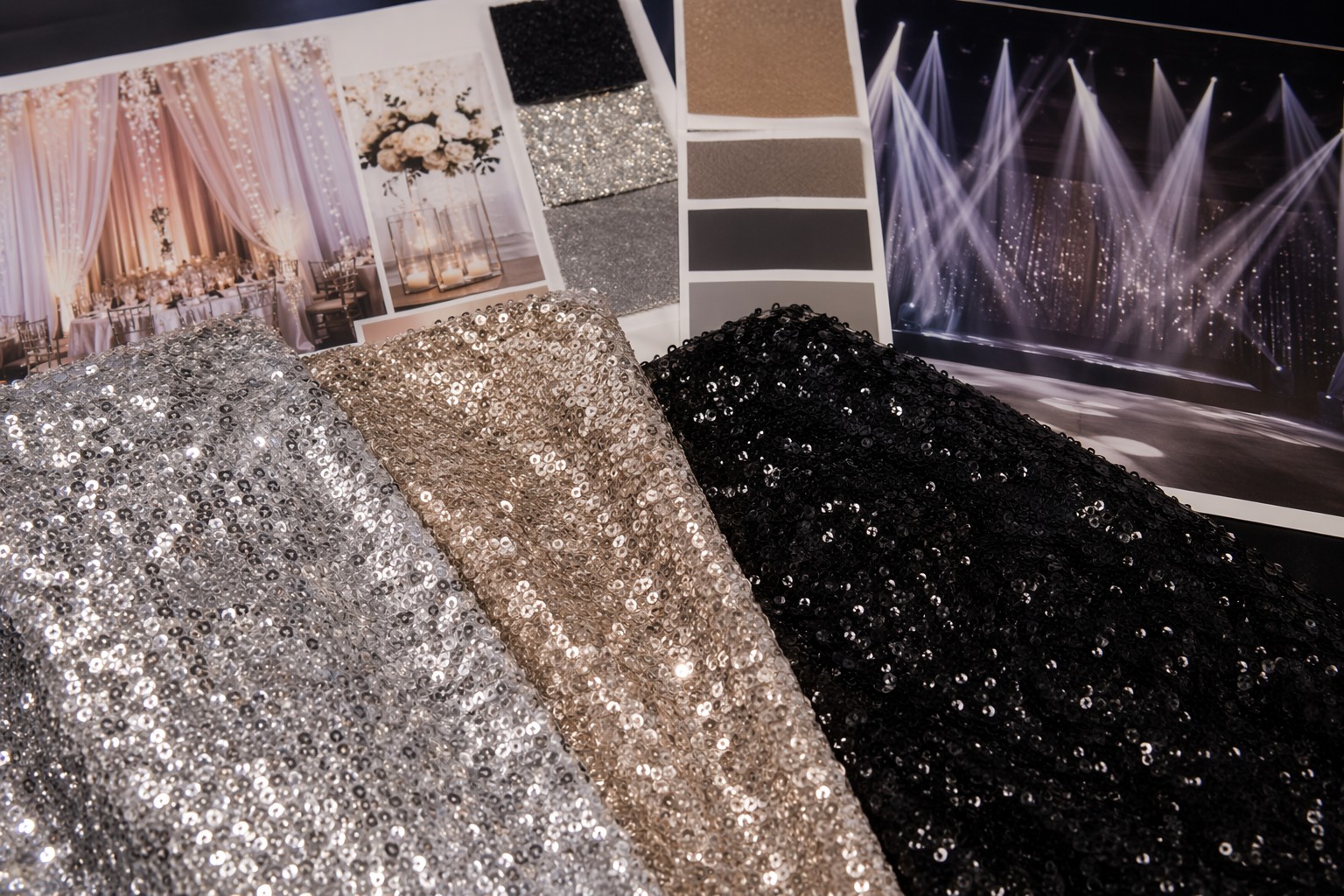 Event-ready sequin fabric samples for wholesale event and stage buyers