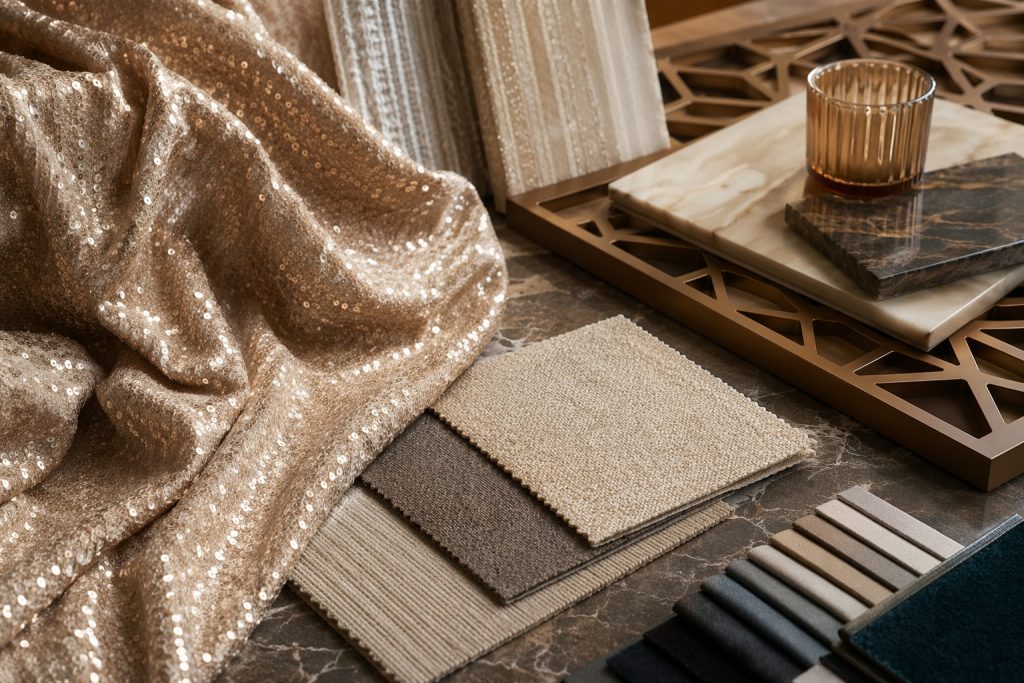Champagne sequin upholstery and drapery fabrics for high-end hospitality sourcing