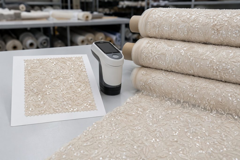 Approved sequin swatch and bulk rolls matched during factory color control