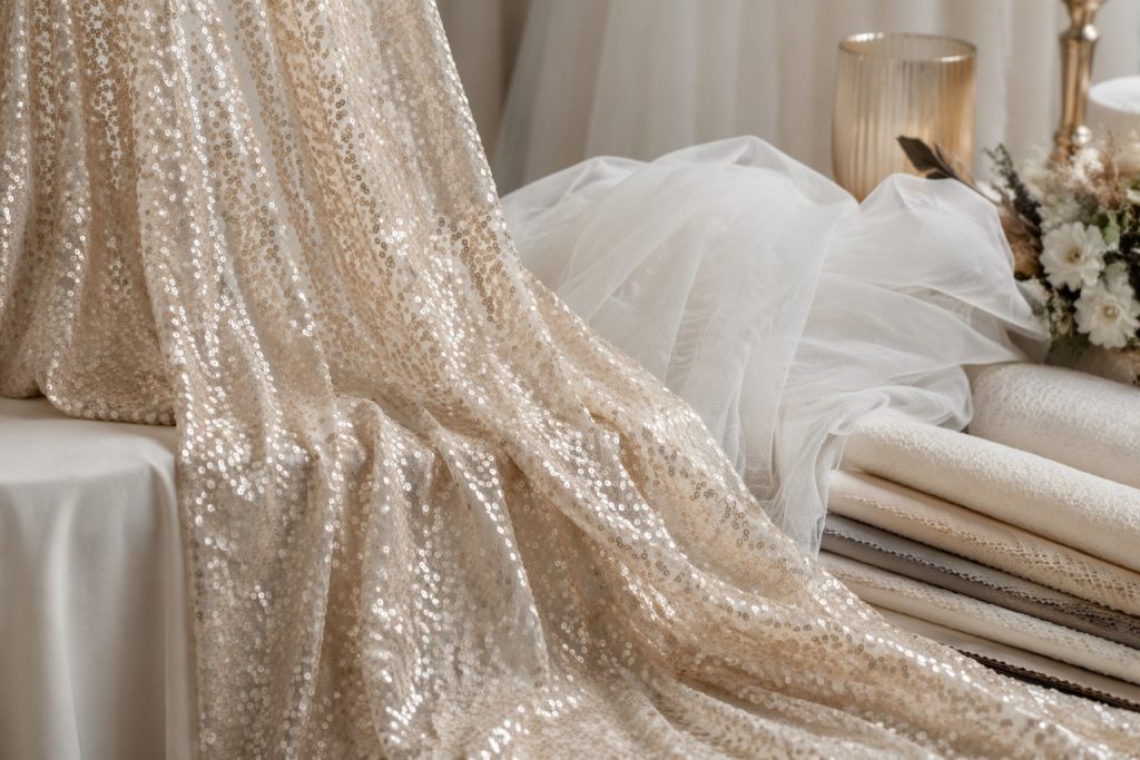 Champagne sequin mesh fabric for wedding and event decor wholesale buyers
