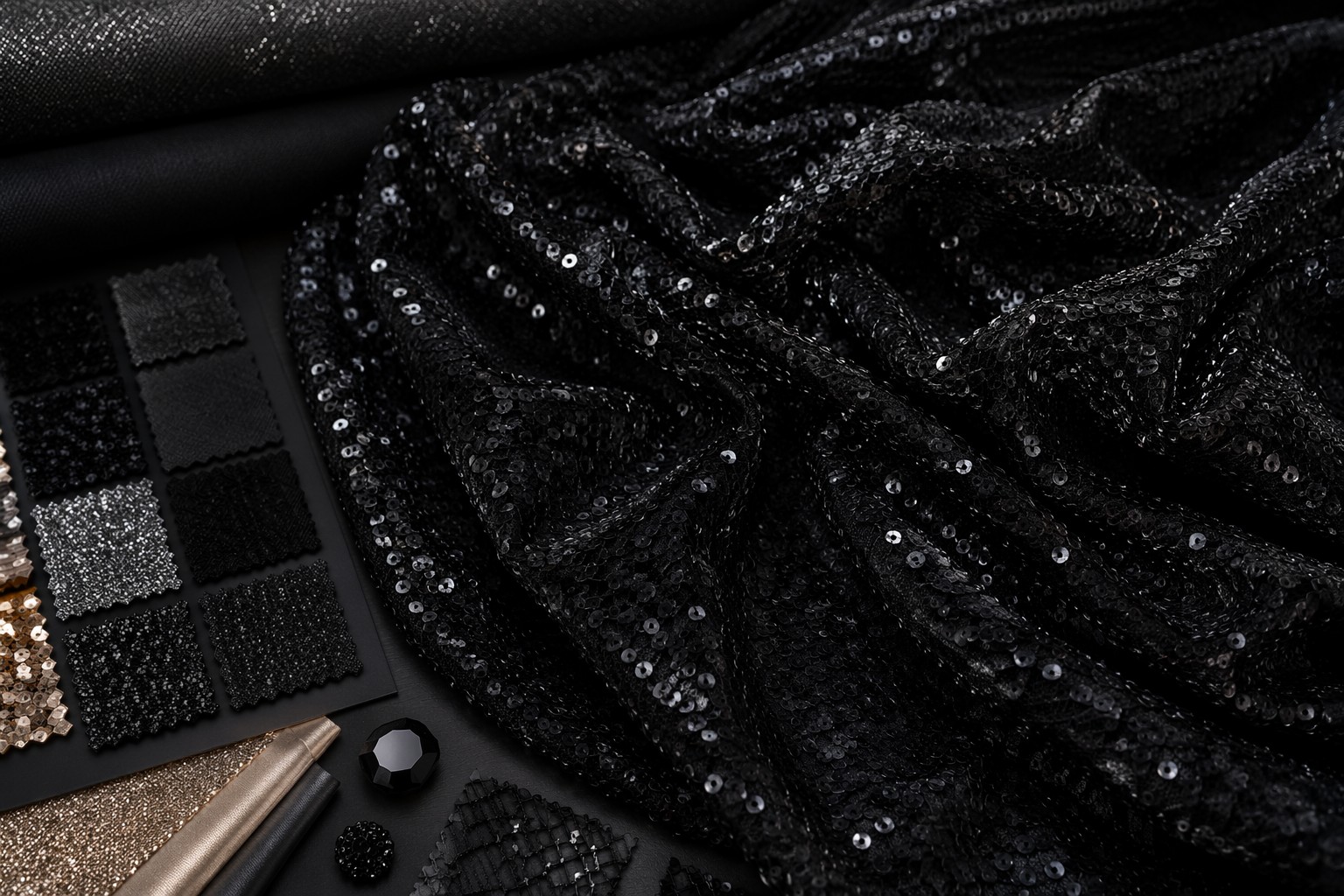 Black sequin fabric on mesh for luxury evening fashion and event supply