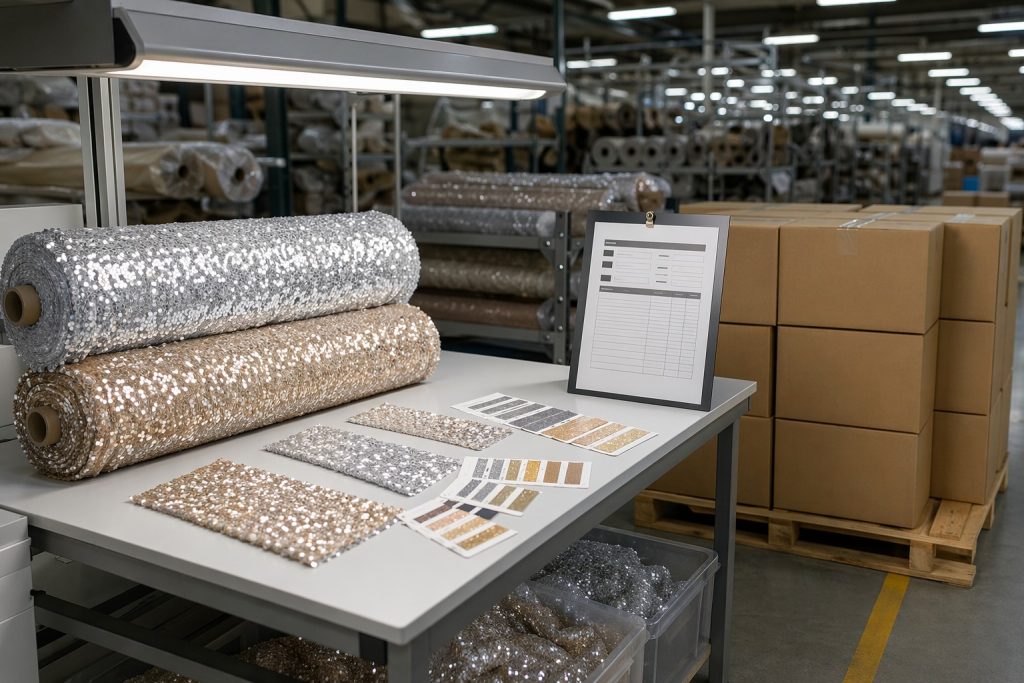 Sequin fabric factory quality inspection station for B2B wholesale supply
