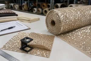 Sequin fabric sample compared with bulk roll during factory quality inspection
