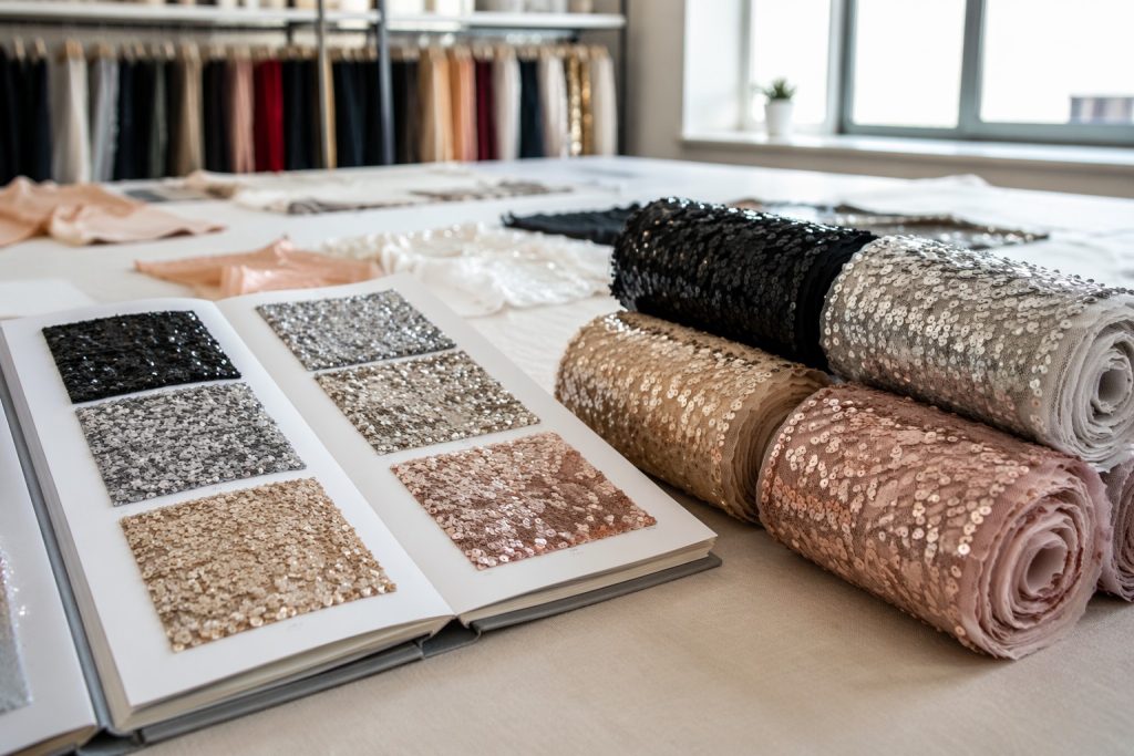 Low MOQ sequin fabric sample book and small batch fabric rolls for B2B sourcing