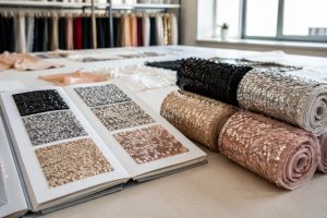 Low MOQ sequin fabric sample book and small batch fabric rolls for B2B sourcing