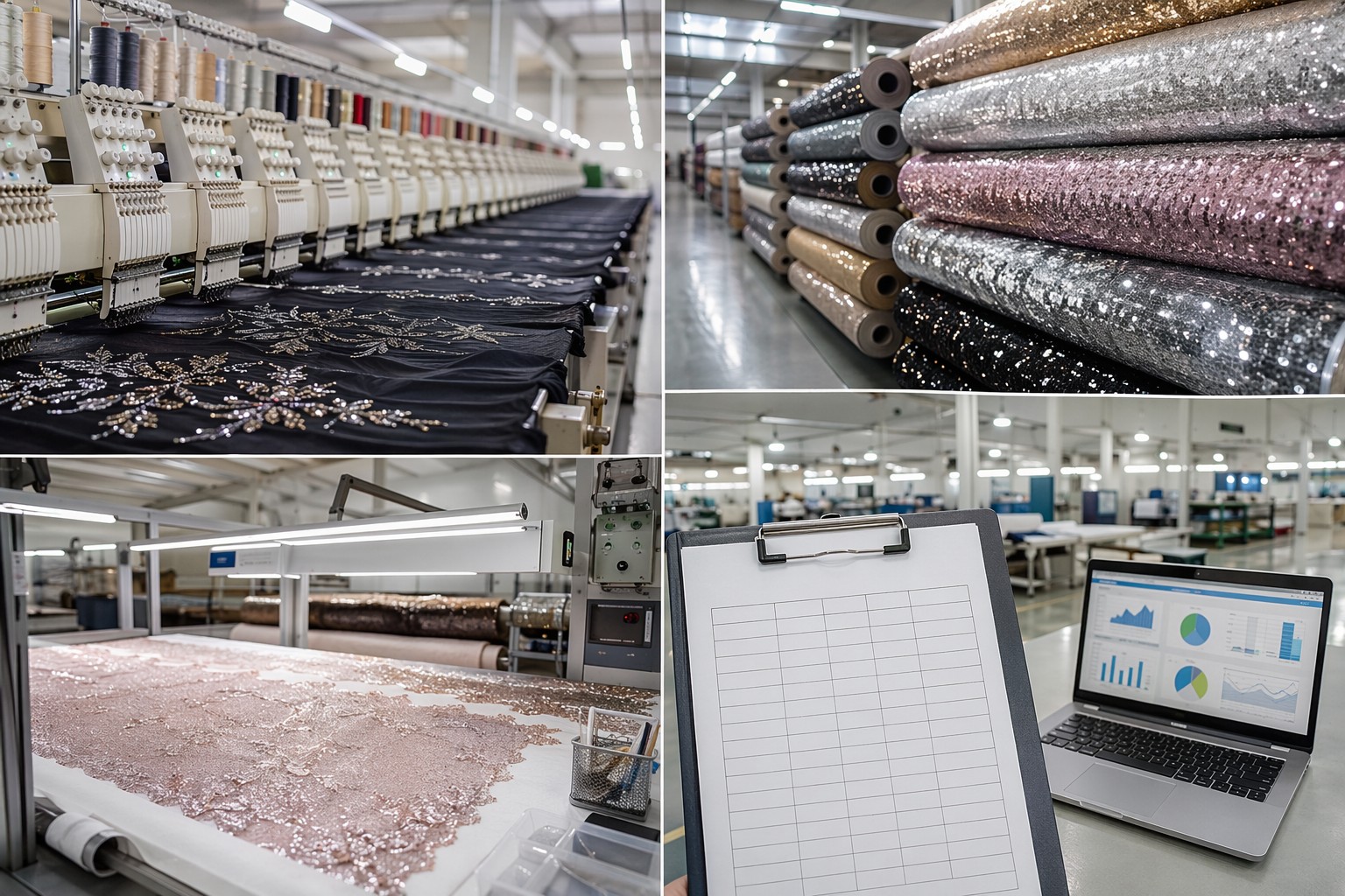 Embroidery and sequin fabric factory audit with workshop and quality inspection station