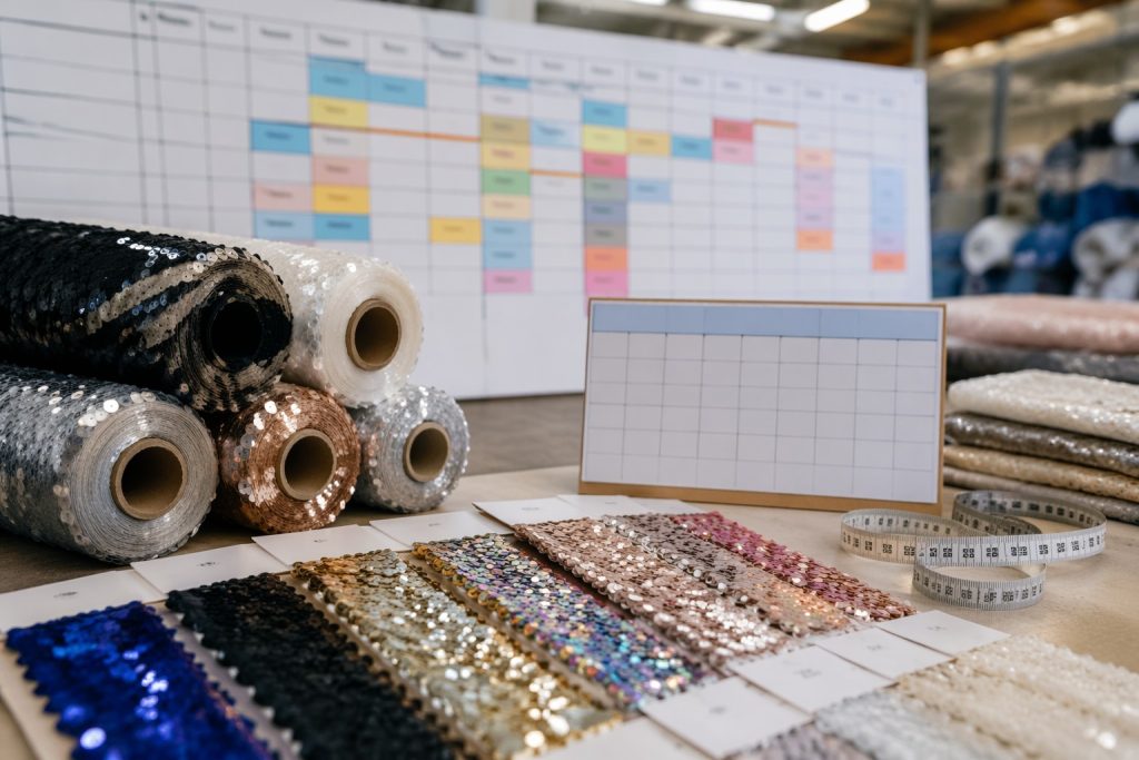 Sequin fabric MOQ and lead time planning with swatches and production schedule