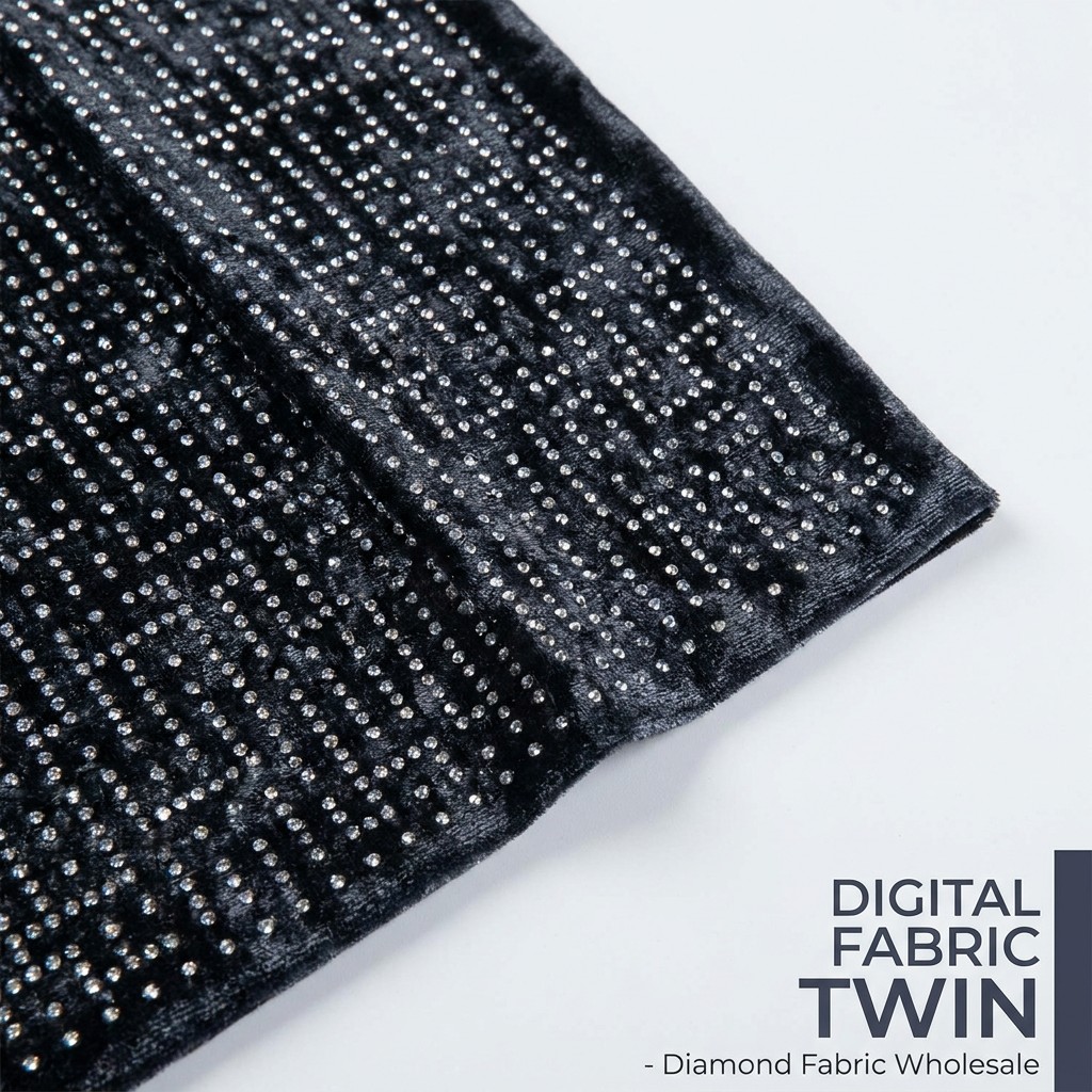 Rows of silver crystal studs on dark charcoal velvet fabric, rhinestone embellished diamond fabric