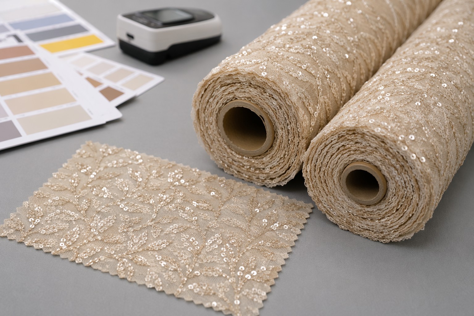 Approved A4 sequin swatch matched against bulk fabric rolls for color consistency