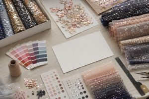 Custom sequin fabric sourcing brief with sequin size, mesh and color swatches for B2B development