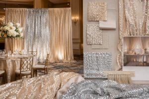 Champagne and silver sequin drapery and backdrop fabric for hotel and event sourcing