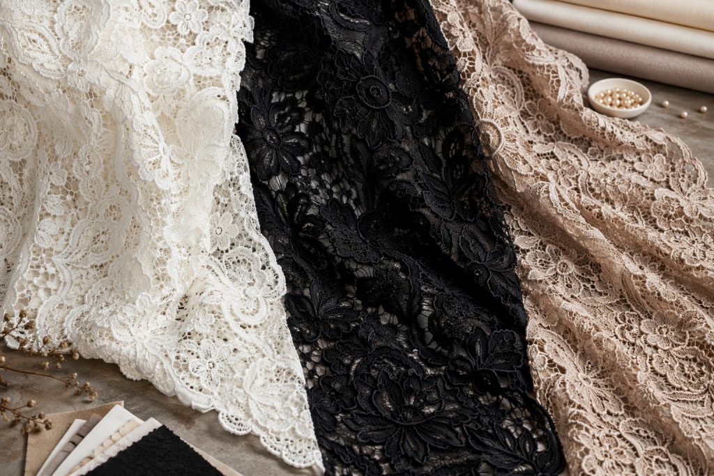 Corded lace fabric swatches with textured relief for bridal wholesale sourcing