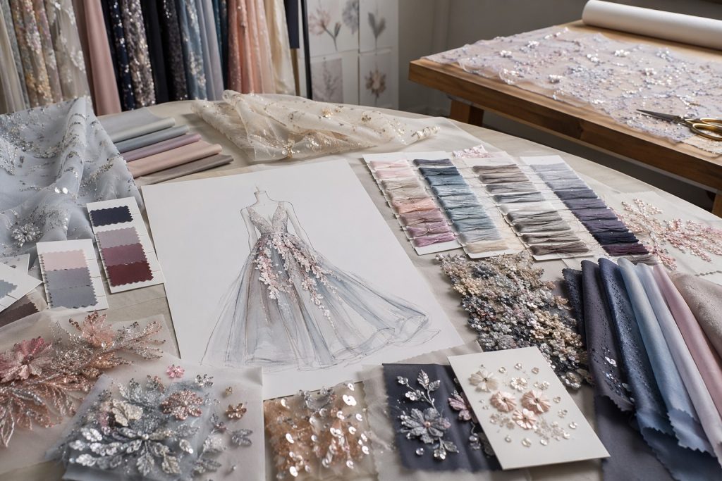 Fabric sample development desk with sketches, swatches and embroidery samples