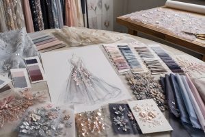 Fabric sample development desk with sketches, swatches and embroidery samples