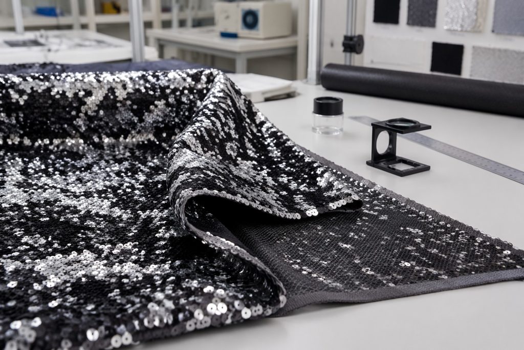 Polyester sequin fabric mesh backing inspected for wholesale garment sourcing