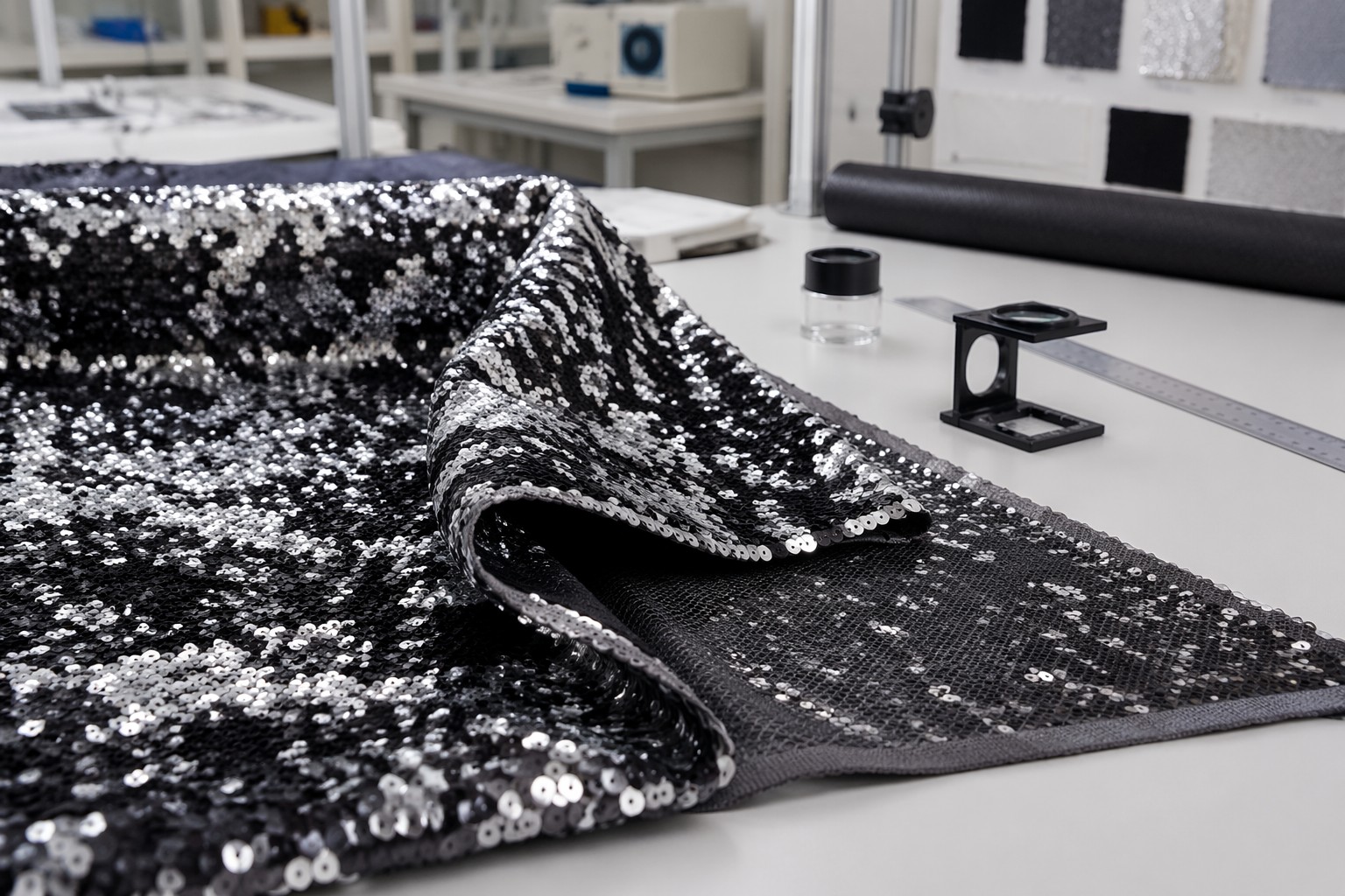 Polyester sequin fabric mesh backing inspected for wholesale garment sourcing