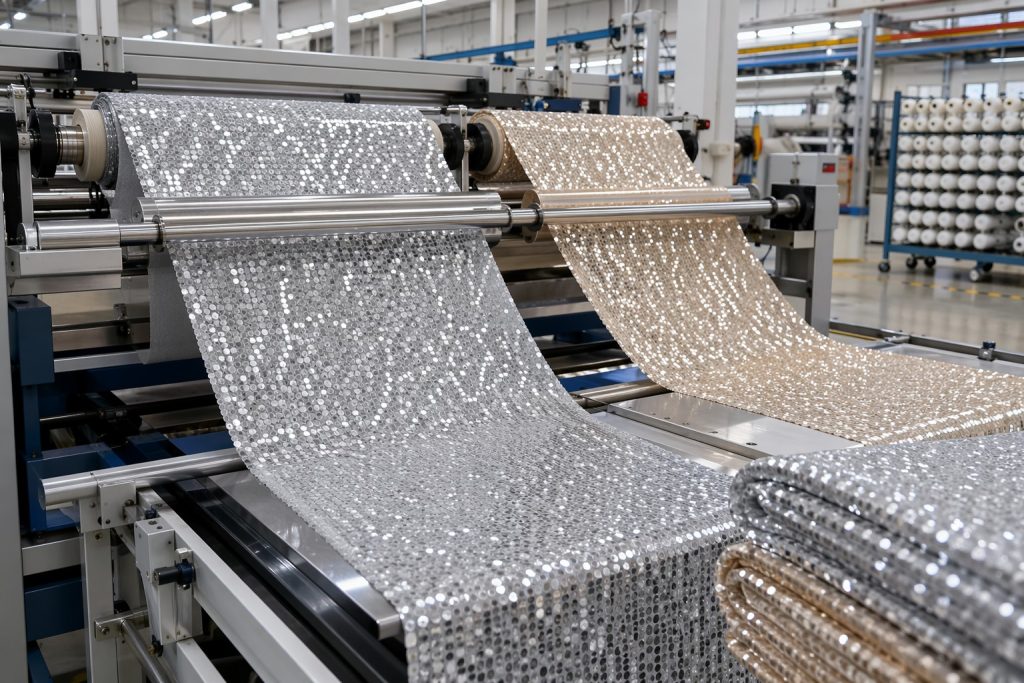 Polyester sequin fabric rolls in a wholesale factory production line