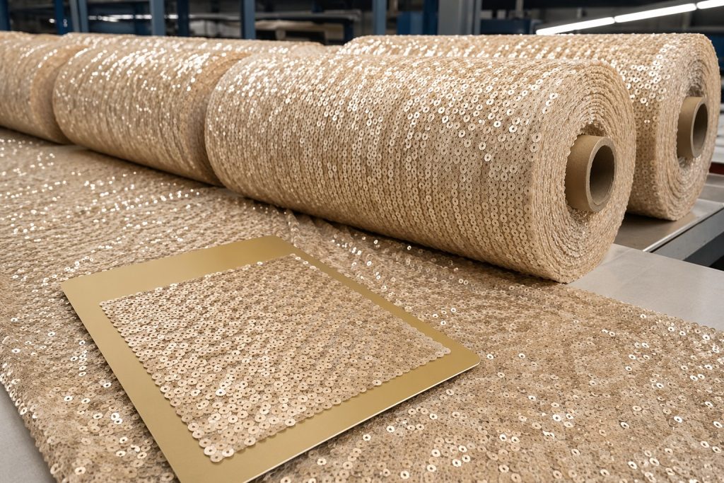Matching sequin fabric production rolls for industrial bulk consistency