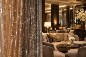 Champagne and silver sequin fabrics in luxury hospitality design