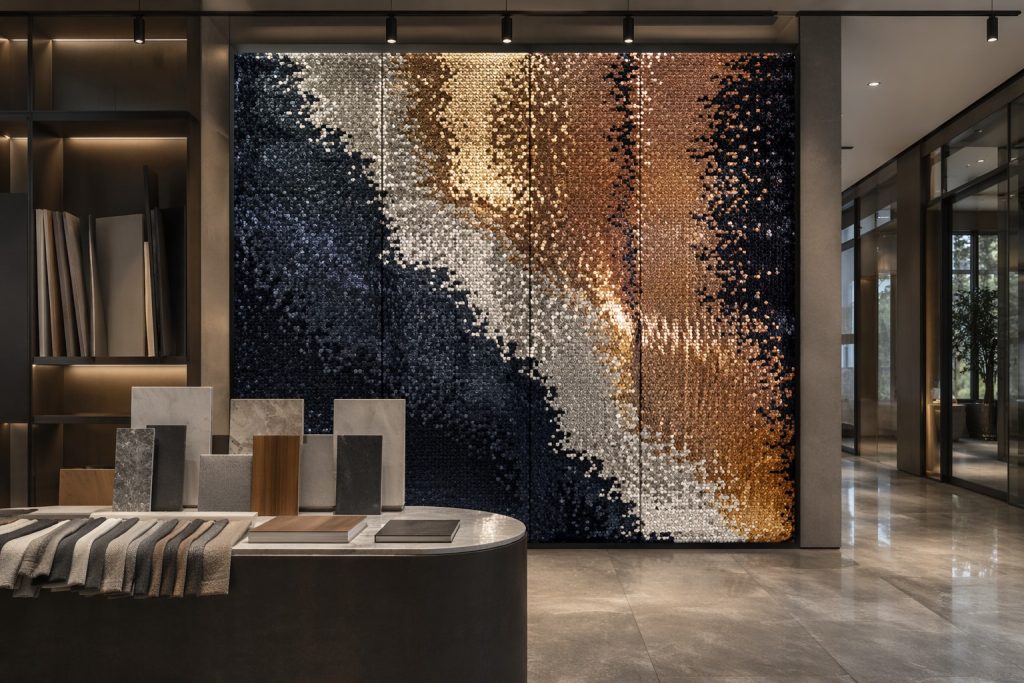 Reversible sequin fabric installation for commercial interior design sourcing
