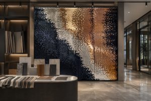 Reversible sequin fabric installation for commercial interior design sourcing