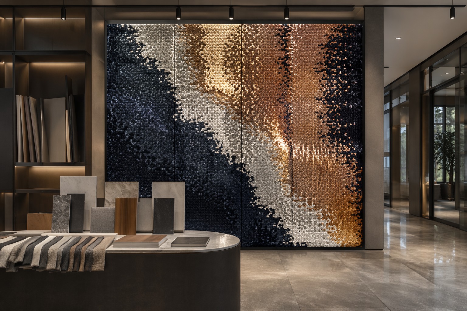 Reversible sequin fabric installation for commercial interior design sourcing