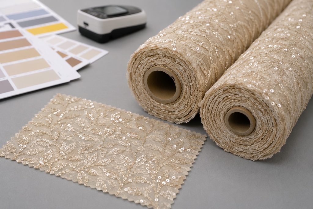 Approved A4 sequin swatch matched against bulk fabric rolls for color consistency