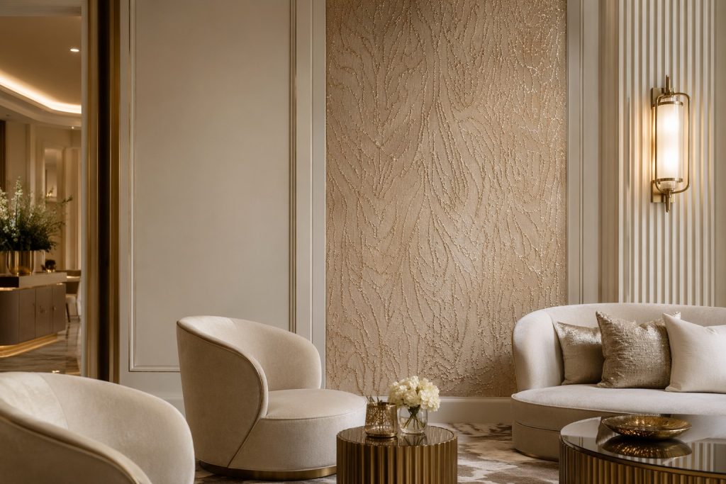 Bespoke sequin embroidery fabric used in a luxury hospitality interior