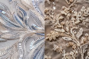 Computer optimized embroidery and hand beading comparison on luxury sequin fabric