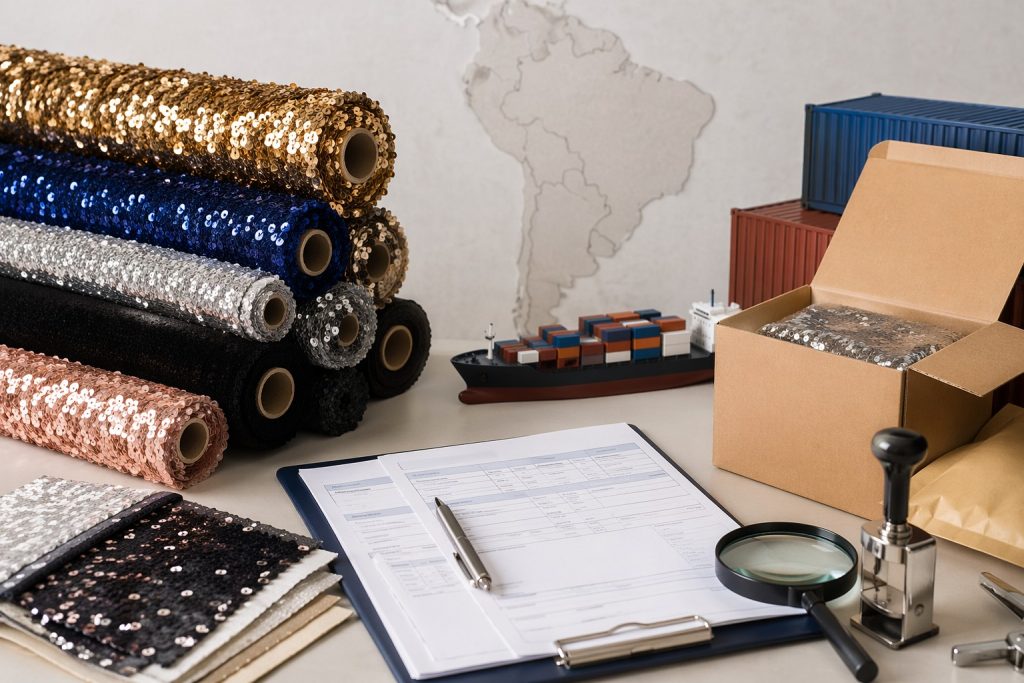 Brazil sequin fabric customs sourcing with export rolls and logistics documents