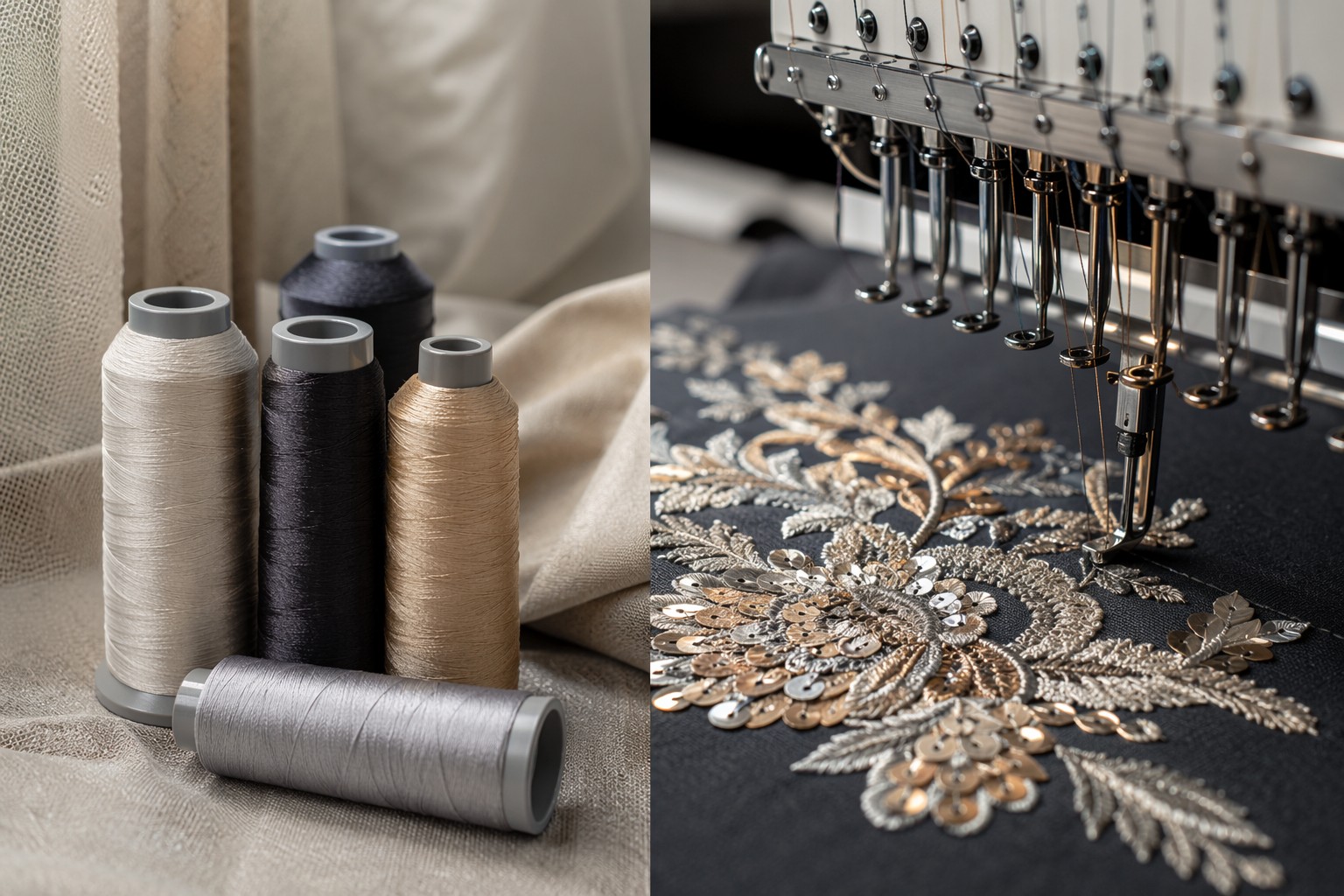 High-tenacity polyester thread beside luxury sequin embroidery fabric