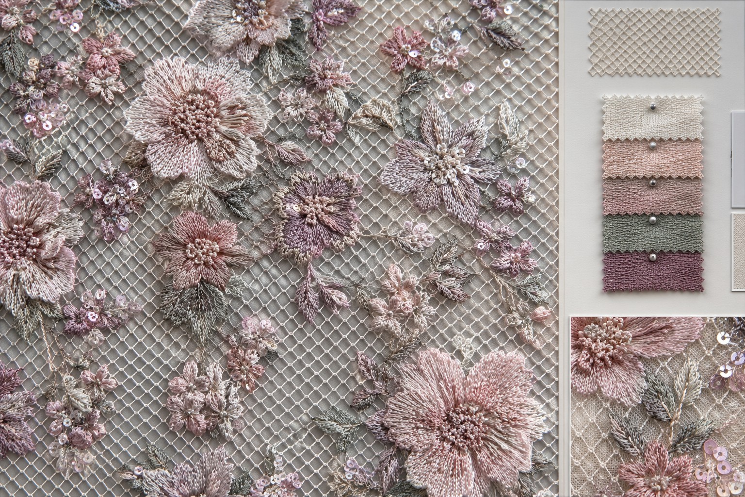 40D diamond mesh backing with dense 3D floral sequin embroidery
