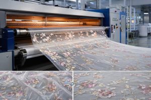 Custom embroidery mesh fabric undergoing controlled heat-setting process