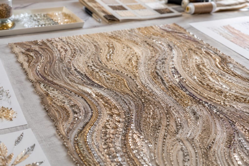 3mm micro sequins and 2mm bead embroidery engineered on luxury mesh fabric