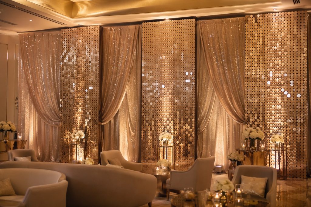 Luxury hospitality sequin backdrop and drapery for event fabric sourcing