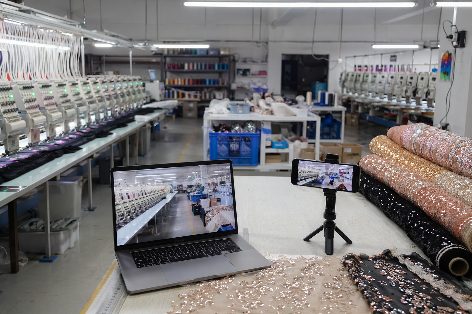 Remote live video audit of a Chinese embroidery and sequin fabric factory