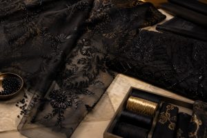 True black sequin embroidery fabric for premium abaya sourcing