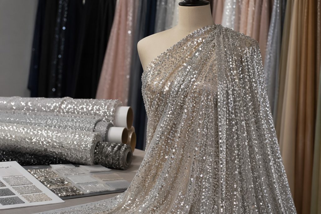 Silver sequin mesh fabric for evening dresses and B2B wholesale sourcing