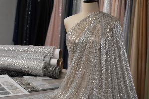 Silver sequin mesh fabric for evening dresses and B2B wholesale sourcing