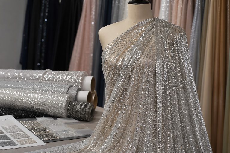 Silver sequin mesh fabric for evening dresses and B2B wholesale sourcing