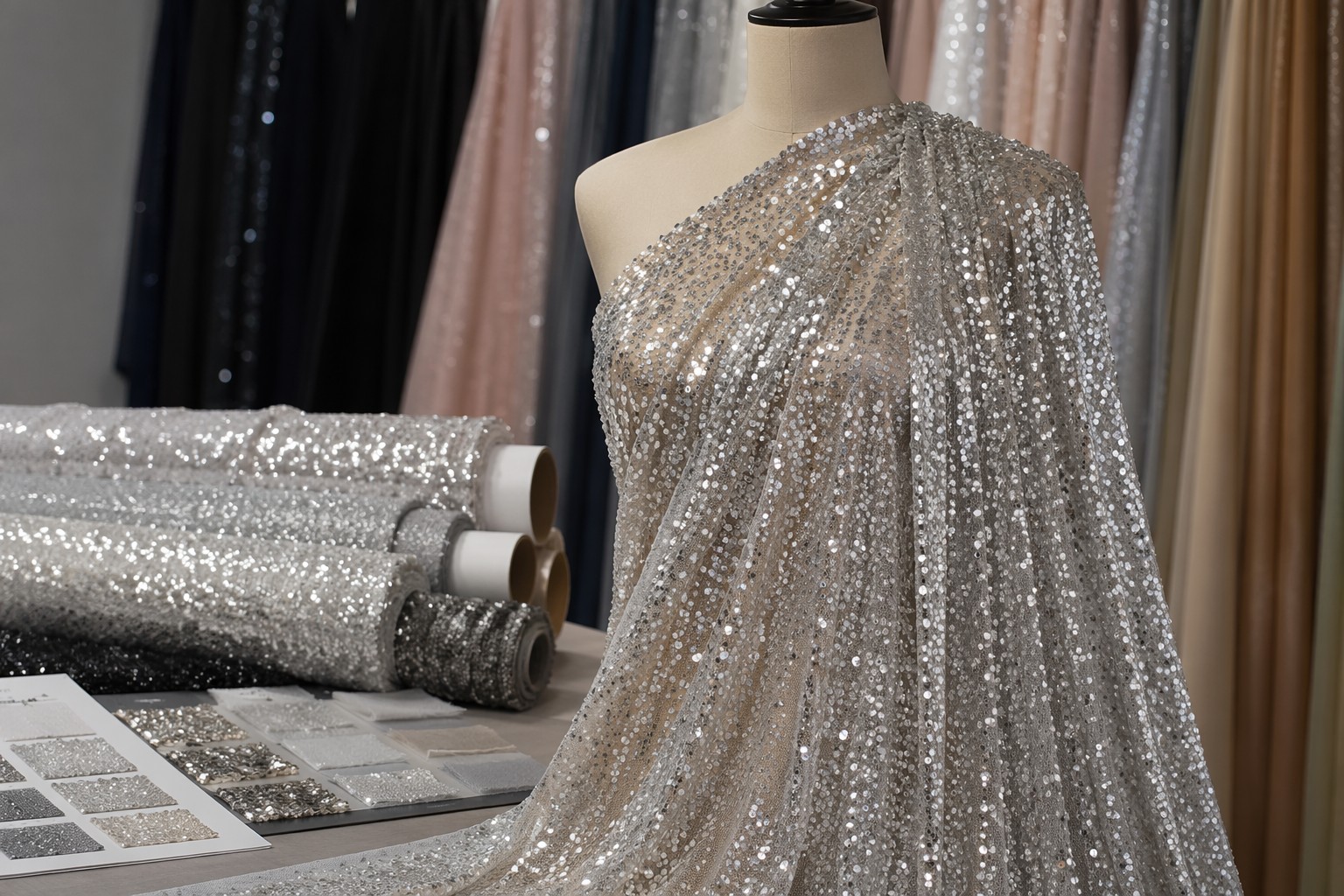 Silver sequin mesh fabric for evening dresses and B2B wholesale sourcing